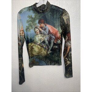 Current Mood Small Top Mesh Da Vinces Print Rave Long Sleeve Sheer see through